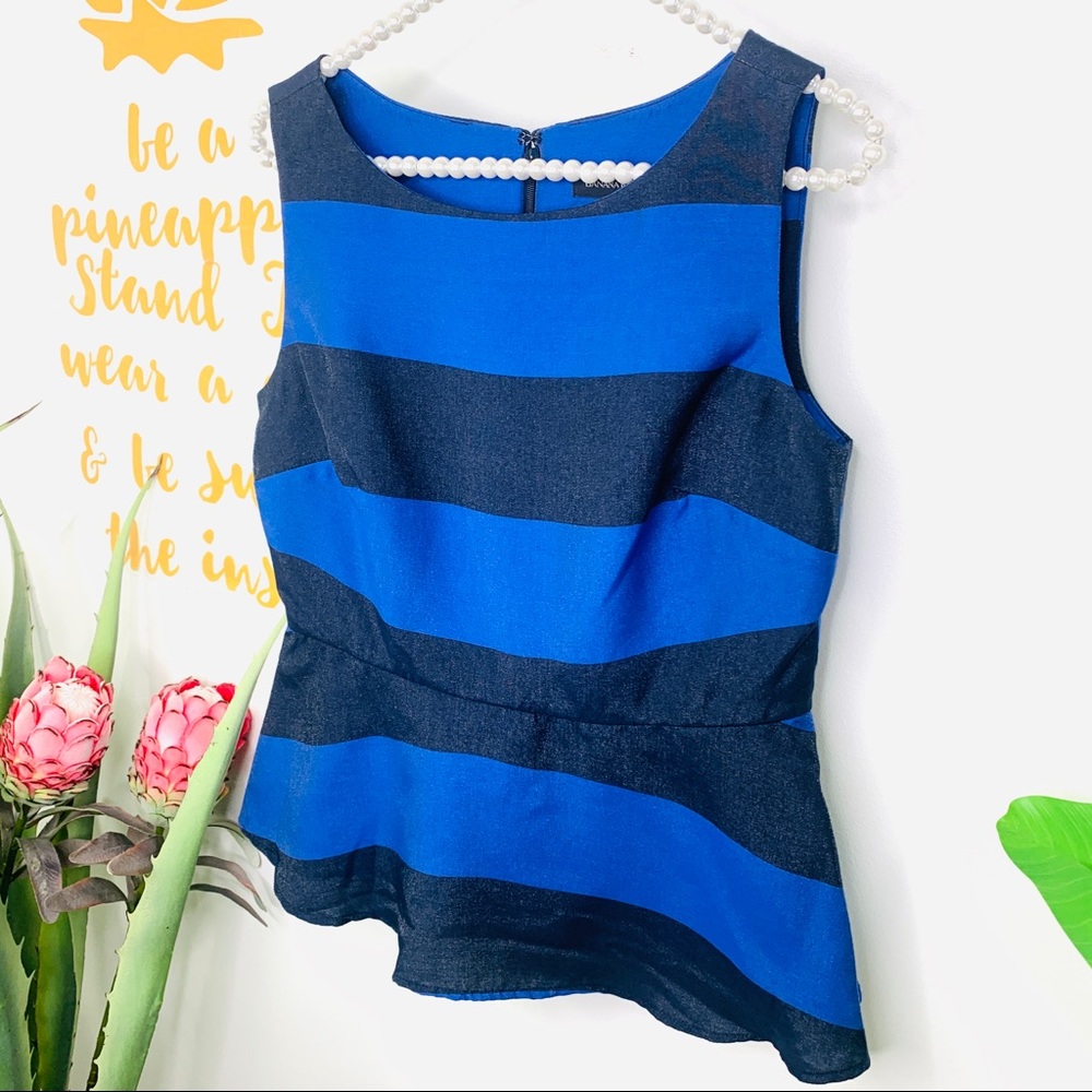 BANANA REPUBLIC Blue Striped Shimmer Peplum Sleeveless Blouse Top Size 6 Petite - Picture 4 of 16